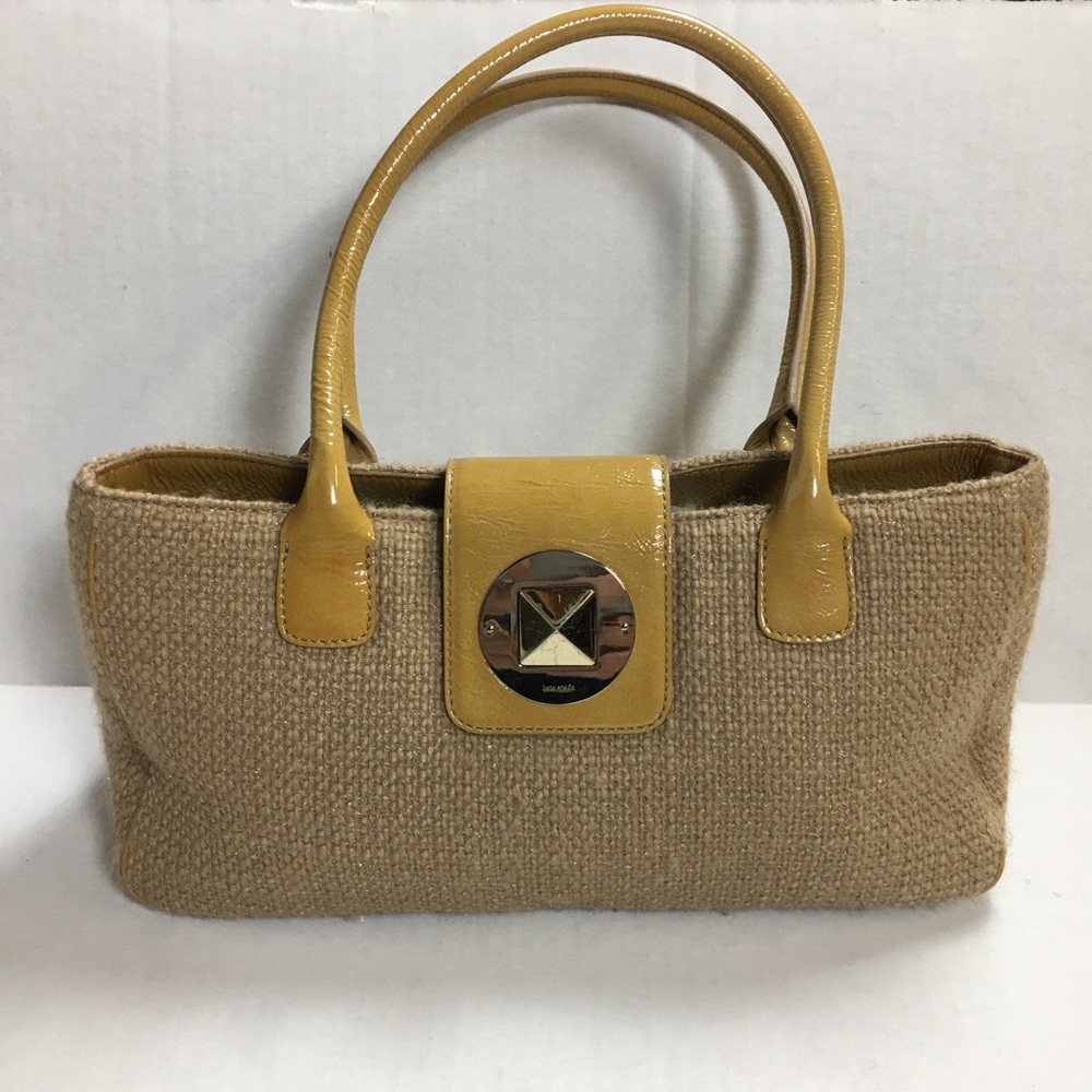 Kate Spade Turn Lock Handbag Beige Wool Tweed Patent Leather